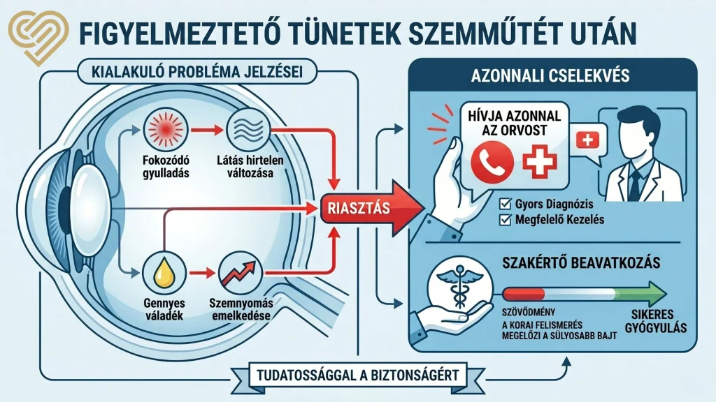 Figyelmeztető tünetek szemműtét után infografika: látás hirtelen változása, fokozódó gyulladás, gennyes váladék és szemnyomás emelkedése esetén azonnali orvosi segítség szükséges.