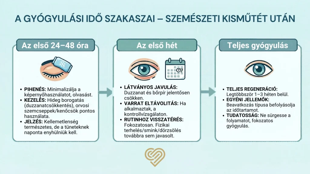 Infografika a szemészeti kisműtét utáni gyógyulás szakaszairól: az első 48 órától a teljes regenerációig tartó folyamat bemutatása.