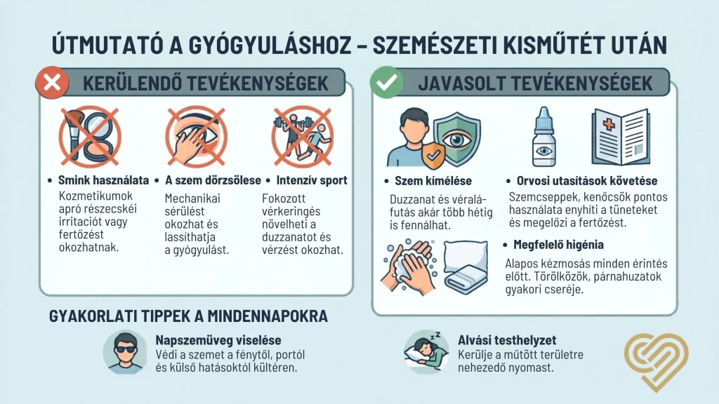 Szemészeti kisműtét utáni teendők infografika: kerülendő a smink, a szem dörzsölése és a sport; javasolt a pihenés, a higiénia és az orvosi utasítások betartása.