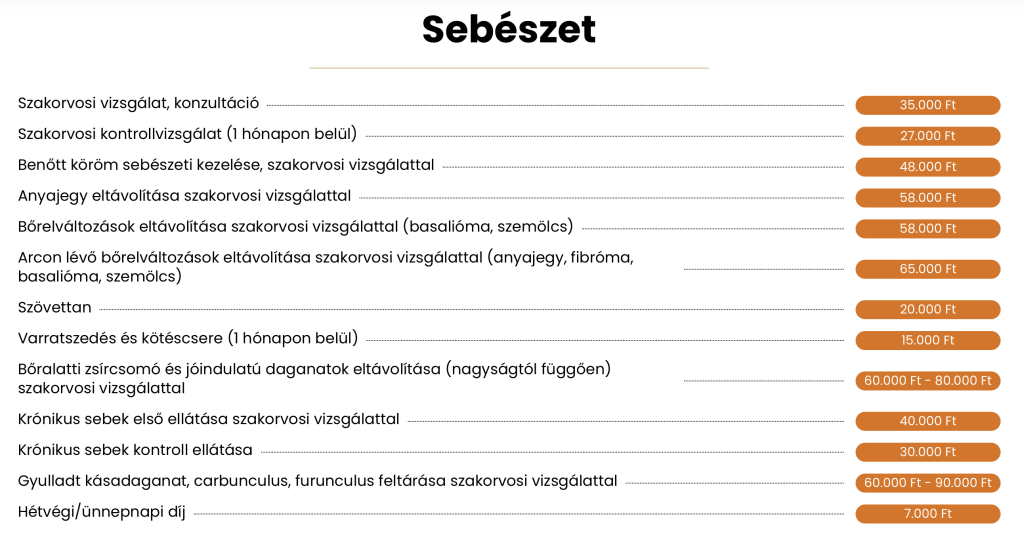 Magánsebészet árlista